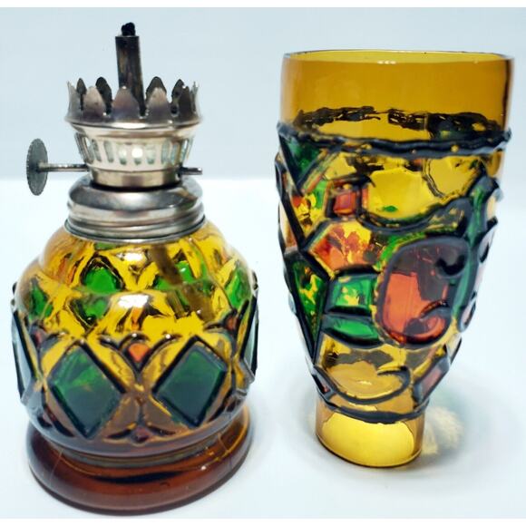 Vintage Sailboat Miniature Amber Stained Glass Oil Lamp Hong Kong 8.5" Tall - Picture 6 of 11